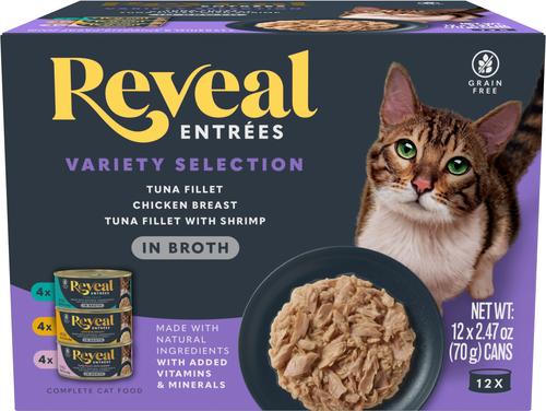 Reveal Entrees Variety Selection Grain-Free Bits in Broth Canned Wet Cat Food, 2.47-oz can, case of 12