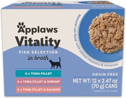 Applaws Vitality Fish Variety Pack Grain-Free Selection in Broth Canned Wet Cat Food, 2.47-oz, case of 12