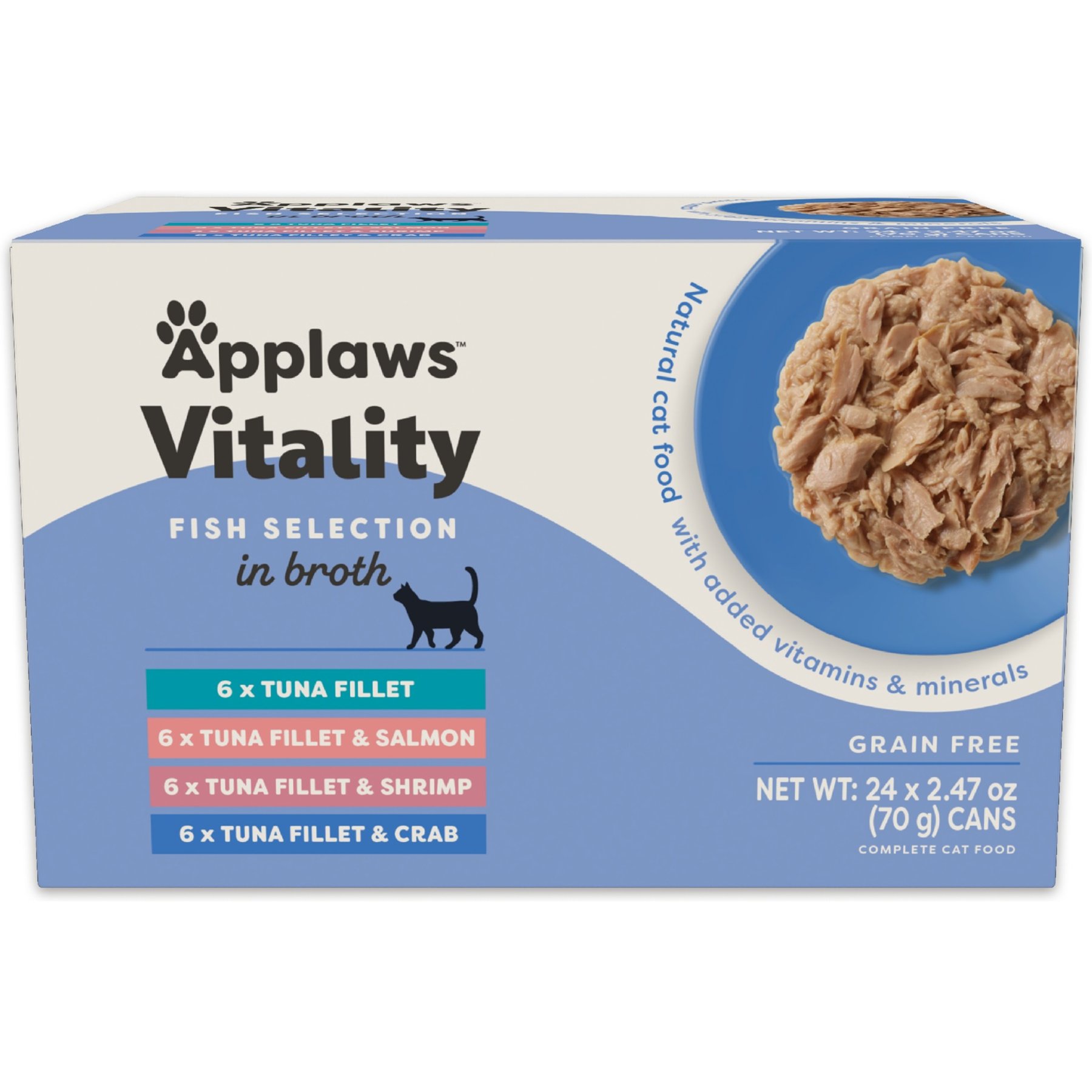 Applaws Vitality Fish Variety Pack Grain-Free Selection in Broth Canned Wet Cat Food, 2.47-oz, case of 24