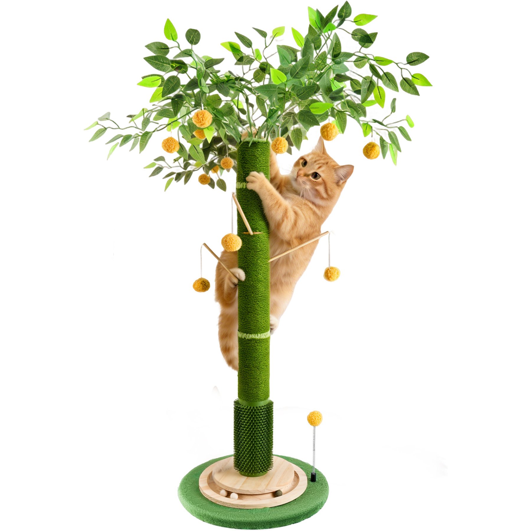 HOMAGICO Cat Scratching Post 45-in Sherpa, Cat Tree Self Groomer Brush, Interactive Ball, Green