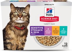 Hill's Science Diet Adult Sensitive Stomach & Sensitive Skin Chicken, Tuna & Duck Variety Pack Wet Cat Food, 2.9-oz can, case of 12