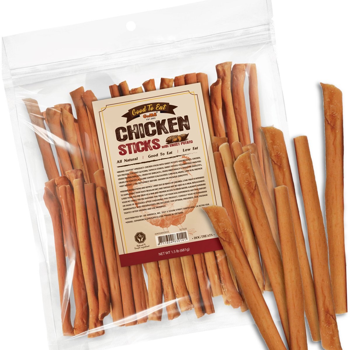 GooToE Natural Chicken Sticks with Sweet Potato Jerky Dog Treats, 1.5-lb bag