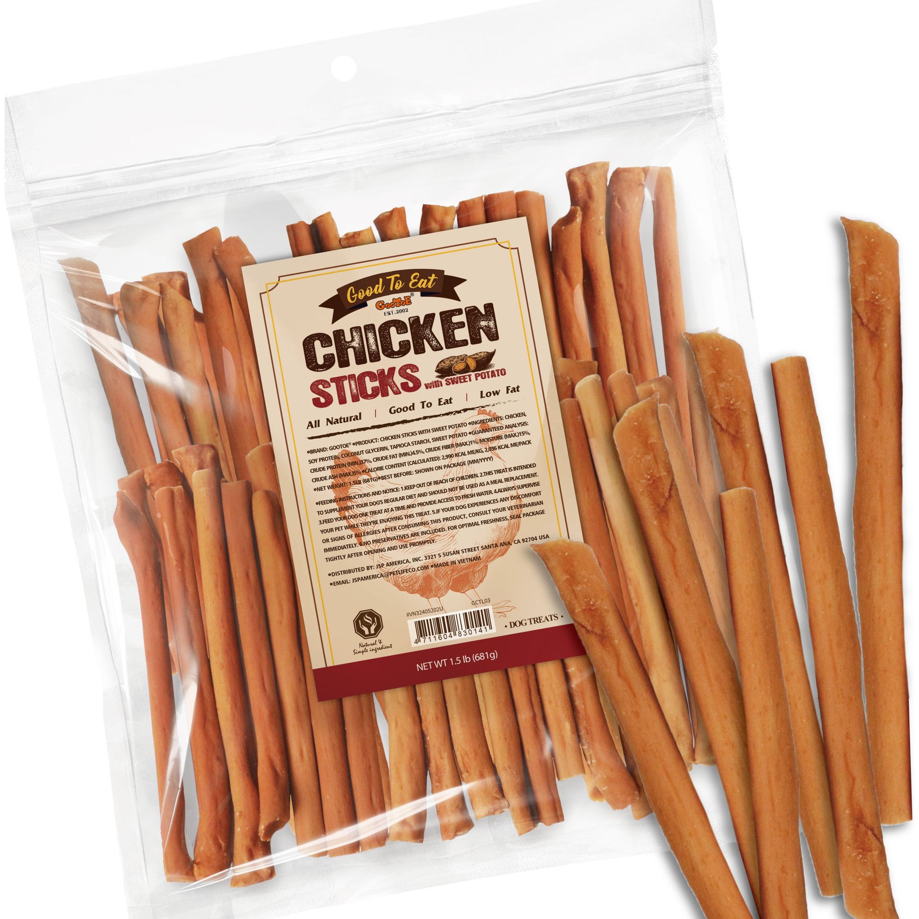 GooToE Natural Chicken Sticks with Sweet Potato Jerky Dog Treats, 1.5-lb bag