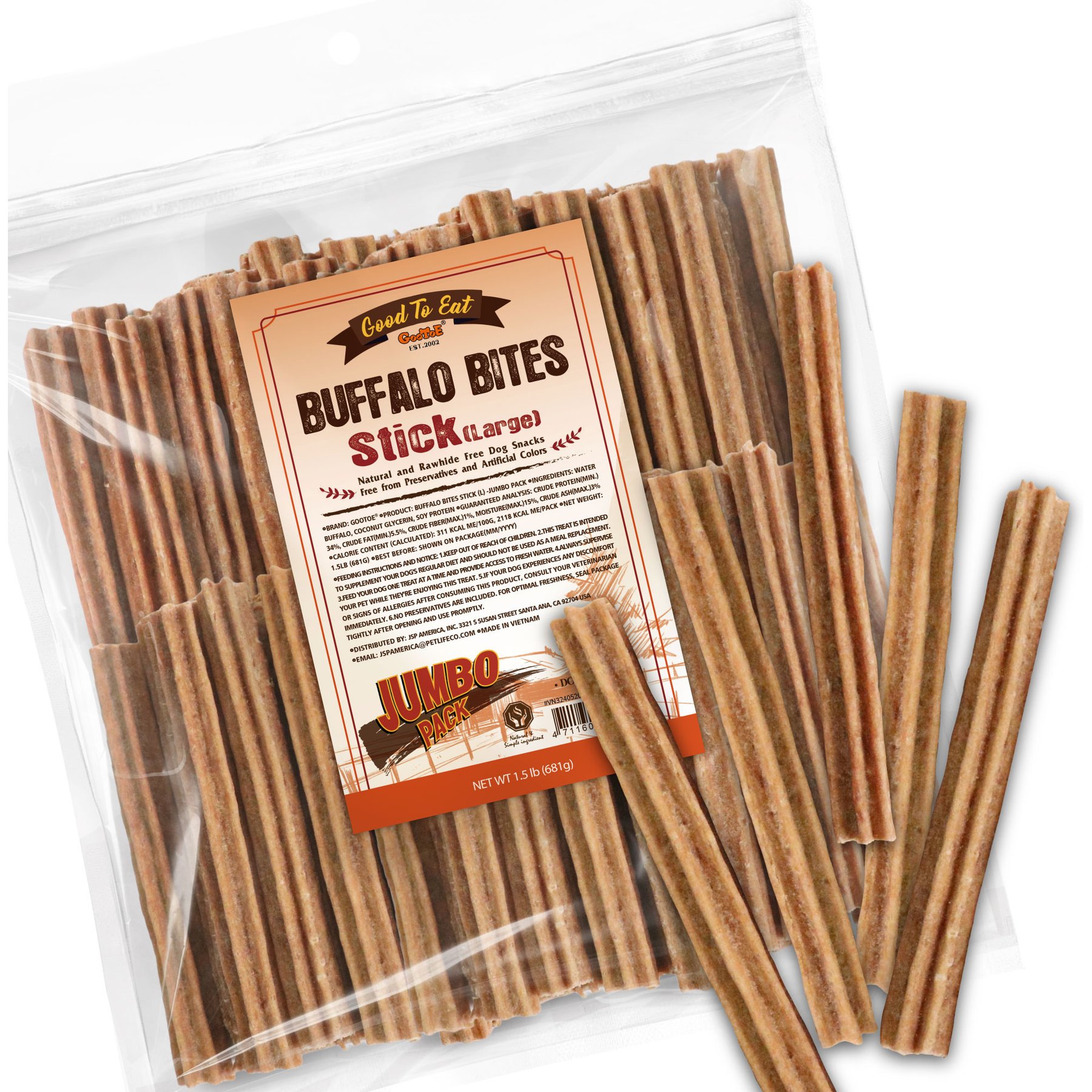 GooToE Natural Buffalo Bites Stick Large Jerky Dog Treats, 1.5-lb bag