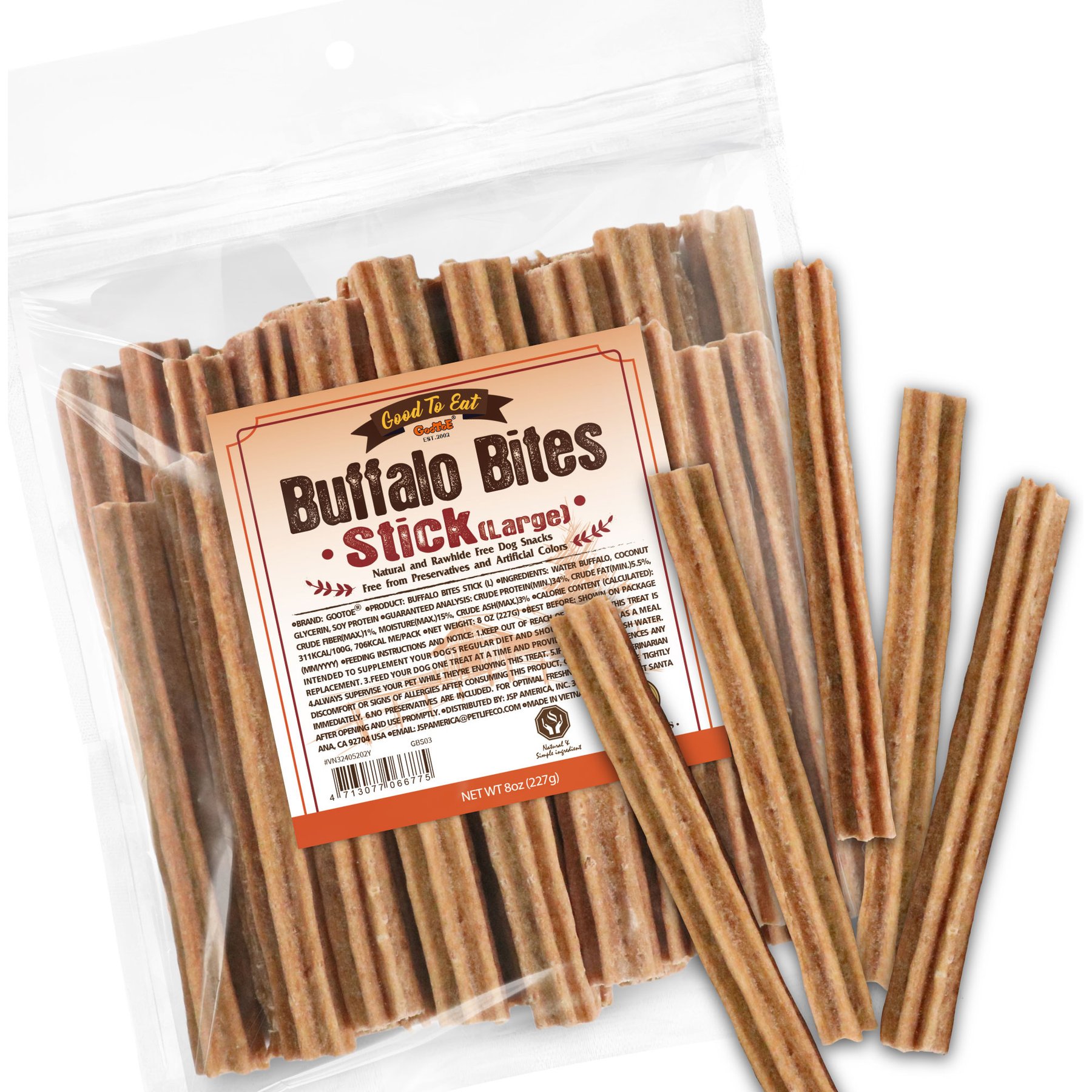 GooToE Natural Buffalo Bites Stick Large Jerky Dog Treats, 8-oz bag