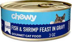 Chewy Made Flaked Fish & Shrimp Feast in Gravy Canned Wet Cat Food, 3-oz can, case of 24