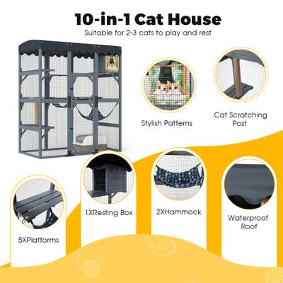 Show full view: Coziwow 72-in Wood Catio Outdoor Cat House Enclosure with Waterproof Roof, Grey slide 7 of 9