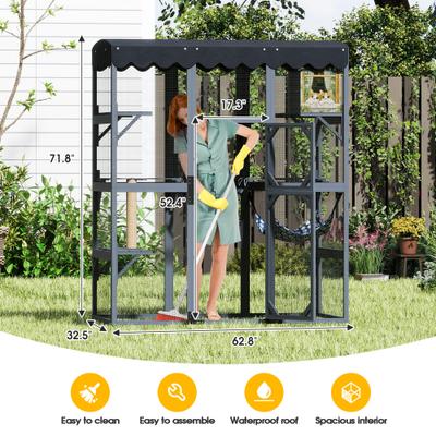 Show full view: Coziwow 72-in Wood Catio Outdoor Cat House Enclosure with Waterproof Roof, Grey slide 5 of 9