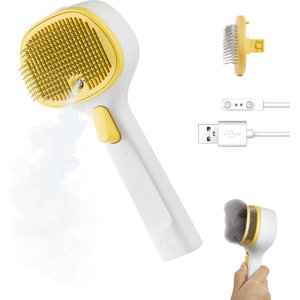 FURGO 3-in-1 Anti-static Steam Brush & Deshedding Tool for Dogs & Cats, Yellow, Long Head