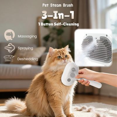 Show full view: FURGO 3-in-1 Anti-Static Steam Brush Grooming Fur Removal Tool Self-Cleaning with Release Button for Dogs & Cats, White slide 2 of 8