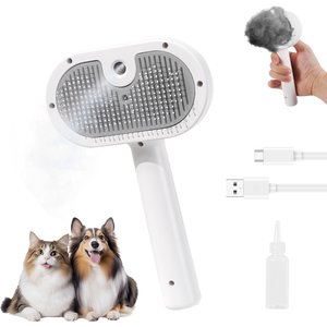 FURGO 3-in-1 Anti-Static Steam Brush Grooming Fur Removal Tool Self-Cleaning with Release Button for Dogs & Cats, White
