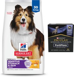 Hill's Science Diet Sensitive Stomach & Skin Chicken & Barley Recipe Dry Food + Purina Pro Plan Veterinary Diets FortiFlora Powder Digestive Supplement for Dogs, 30 count