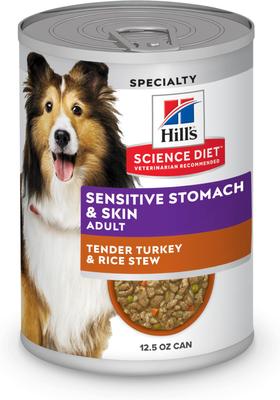 Show full view: Hill's Science Diet Adult Sensitive Stomach & Skin Chicken Recipe Dry Food, 30-lb bag + Tender Turkey & Rice Stew Canned Dog Food slide 6 of 10
