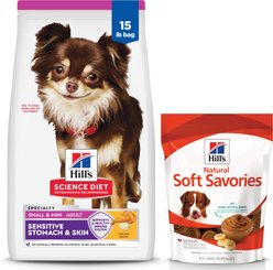 Hill's Science Diet Adult Sensitive Stomach & Skin Small & Mini Breed Chicken Recipe Dry Food + Hill's Natural Soft Savories with Peanut Butter & Banana Dog Treats