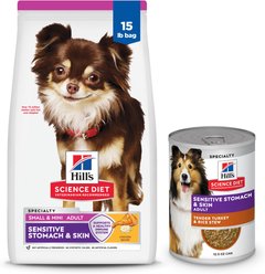 Hill's Science Diet Adult Sensitive Stomach & Skin Small & Mini Breed Chicken Recipe Dry Food, 15-lb bag + Tender Turkey & Rice Stew Canned Dog Food