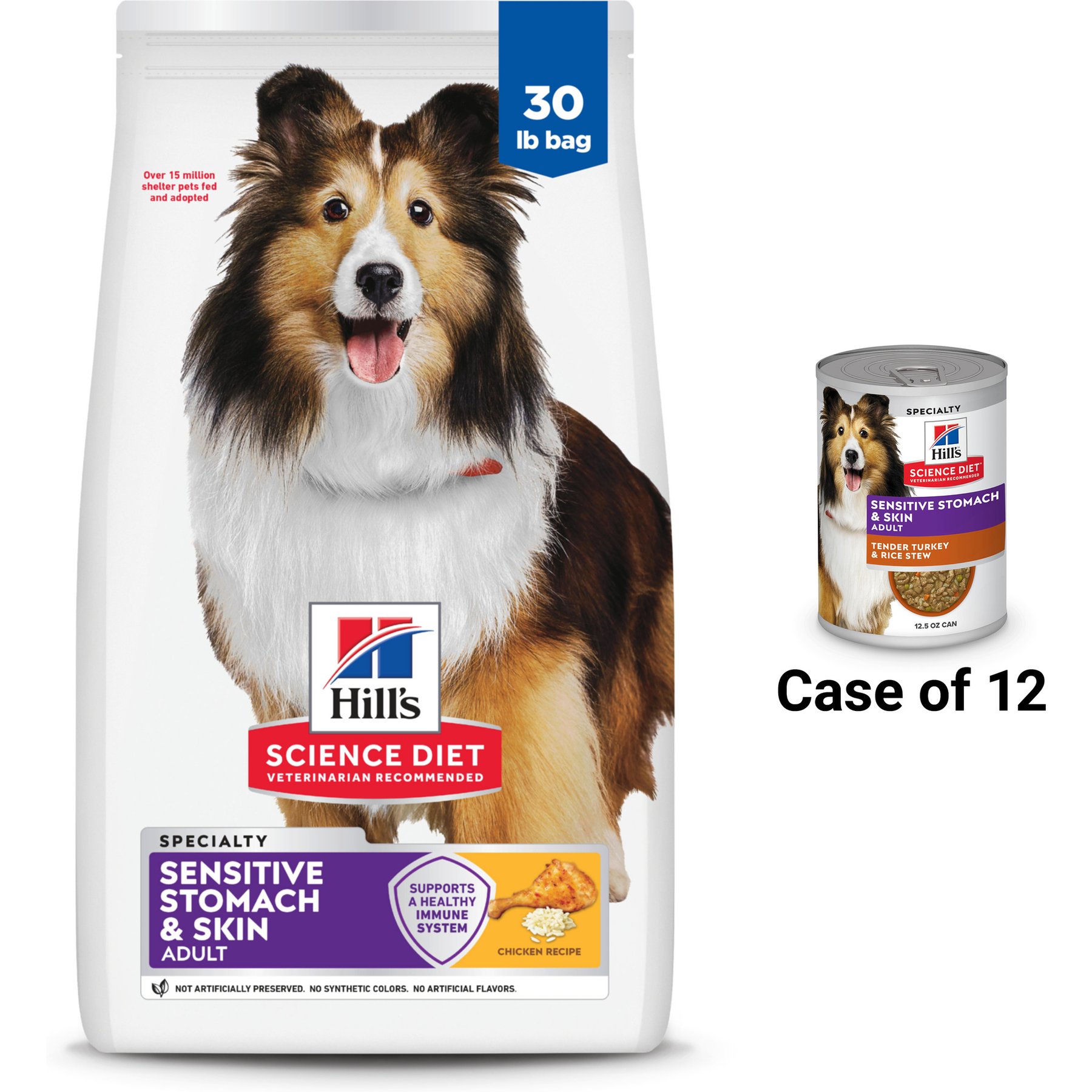 Hill's Science Diet Adult Sensitive Stomach & Skin Chicken Recipe Dry Food, 30-lb bag + Tender Turkey & Rice Stew Canned Dog Food