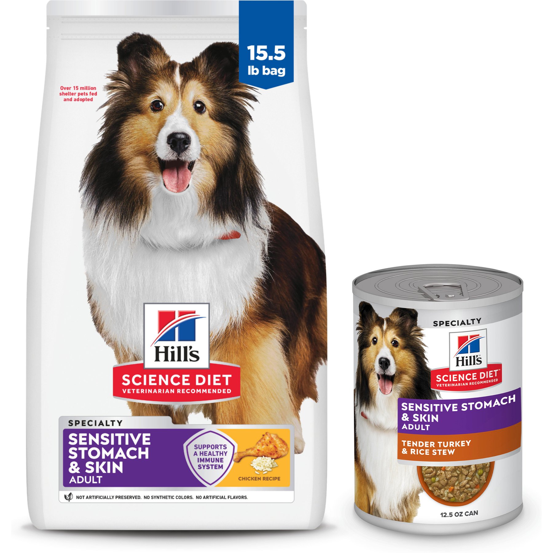 Hill's Science Diet Adult Sensitive Stomach & Skin Chicken Recipe Dry Food, 15.5-lb bag + Tender Turkey & Rice Stew Canned Dog Food