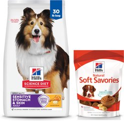 Hill's Science Diet Adult Sensitive Stomach & Skin Chicken & Barley Recipe Dry Food + Hill's Natural Soft Savories with Peanut Butter & Banana Dog Treats