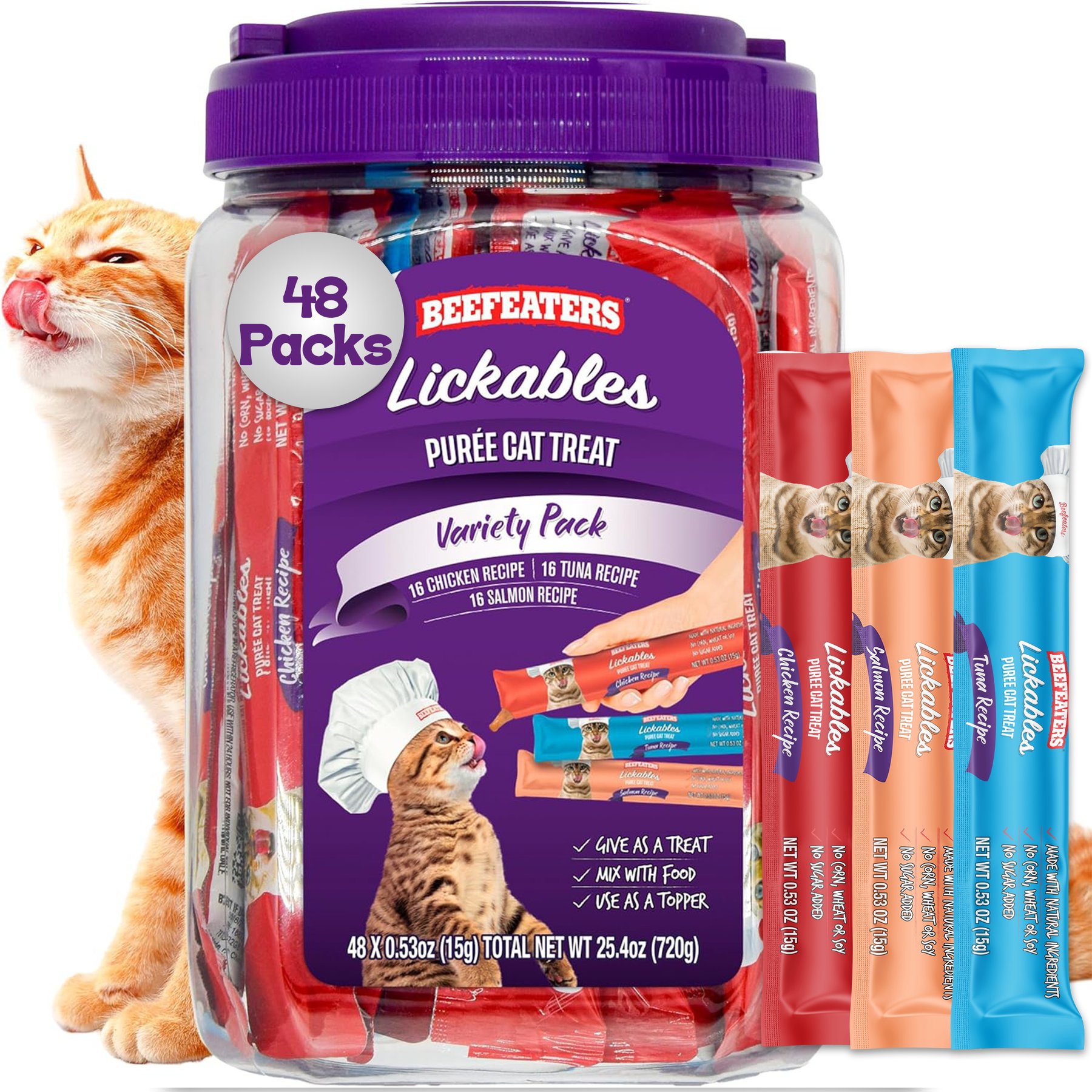 Beefeaters Lickables Grain-Free Salmon, Tuna, & Chicken Flavor Variety Pack Lickable Cat Treats, 0.53-oz tube, 48 count