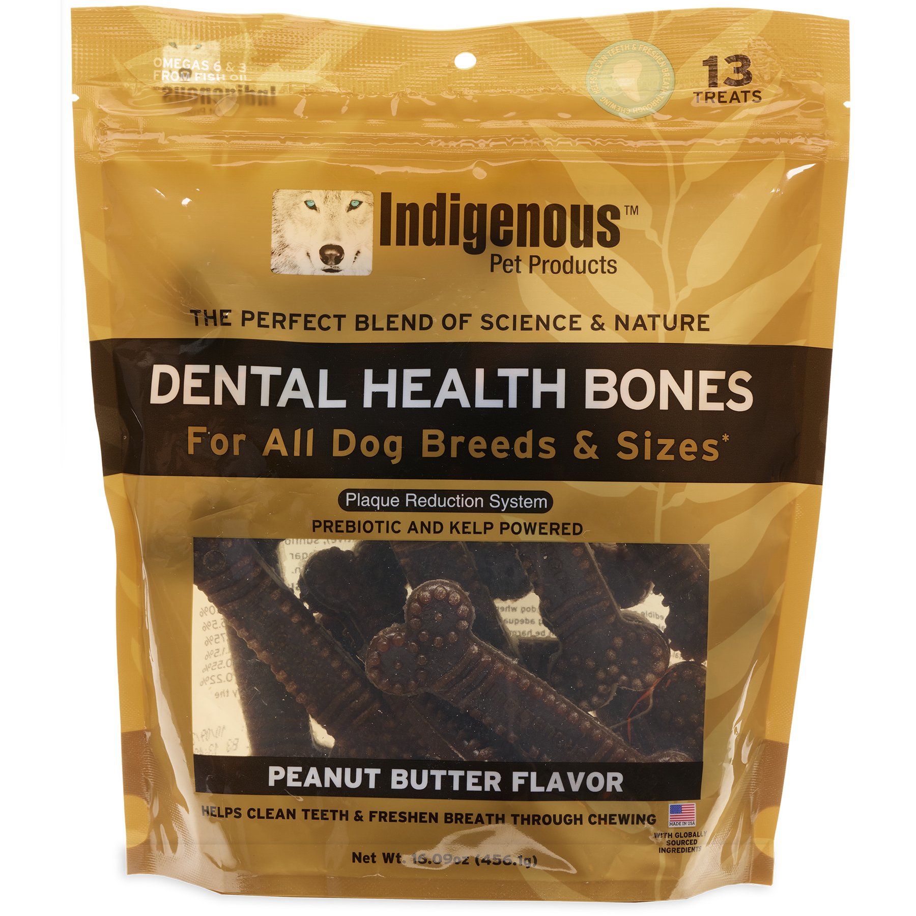 Indigenous Pet Products Dental Health Bones Peanut Butter Flavor Dog Treats, Large, 13 count
