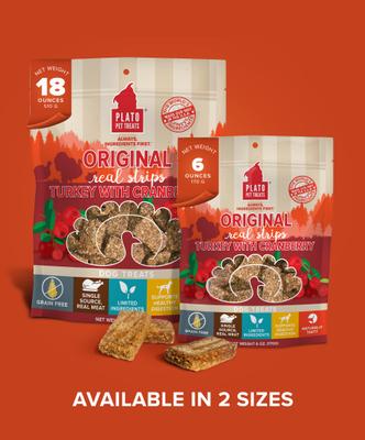 Show full view: Plato Original Real Strips Turkey & Cranberry Recipe Grain-Free Dog Treats, 6-oz bag slide 8 of 11