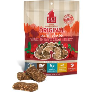Plato Original Real Strips Turkey & Cranberry Recipe Grain-Free Dog Treats, 6-oz bag