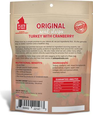Show full view: Plato Original Real Strips Turkey & Cranberry Recipe Grain-Free Dog Treats, 6-oz bag slide 3 of 11