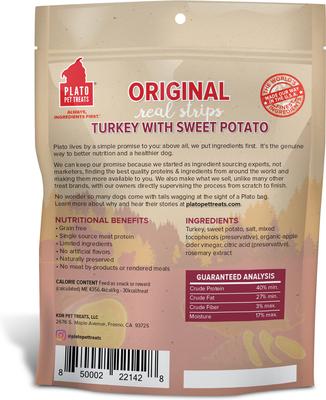 Show full view: Plato Original Real Strips Turkey & Sweet Potato Recipe Grain-Free Dog Treats, 6-oz bag slide 3 of 10