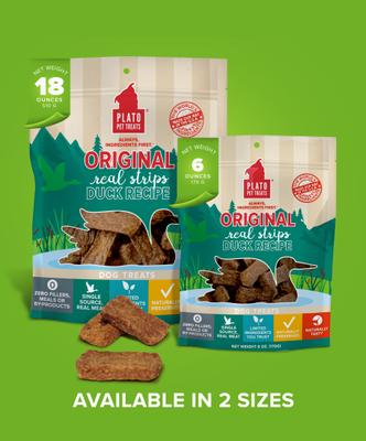 Show full view: Plato Original Real Strips Duck Recipe Dog Treats, 18-oz bag slide 8 of 11
