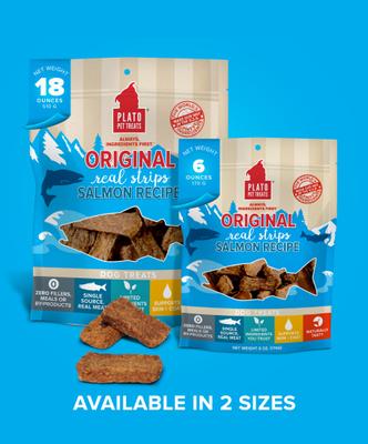 Show full view: Plato Original Real Strips Salmon Recipe Dog Treats, 18-oz bag slide 8 of 11