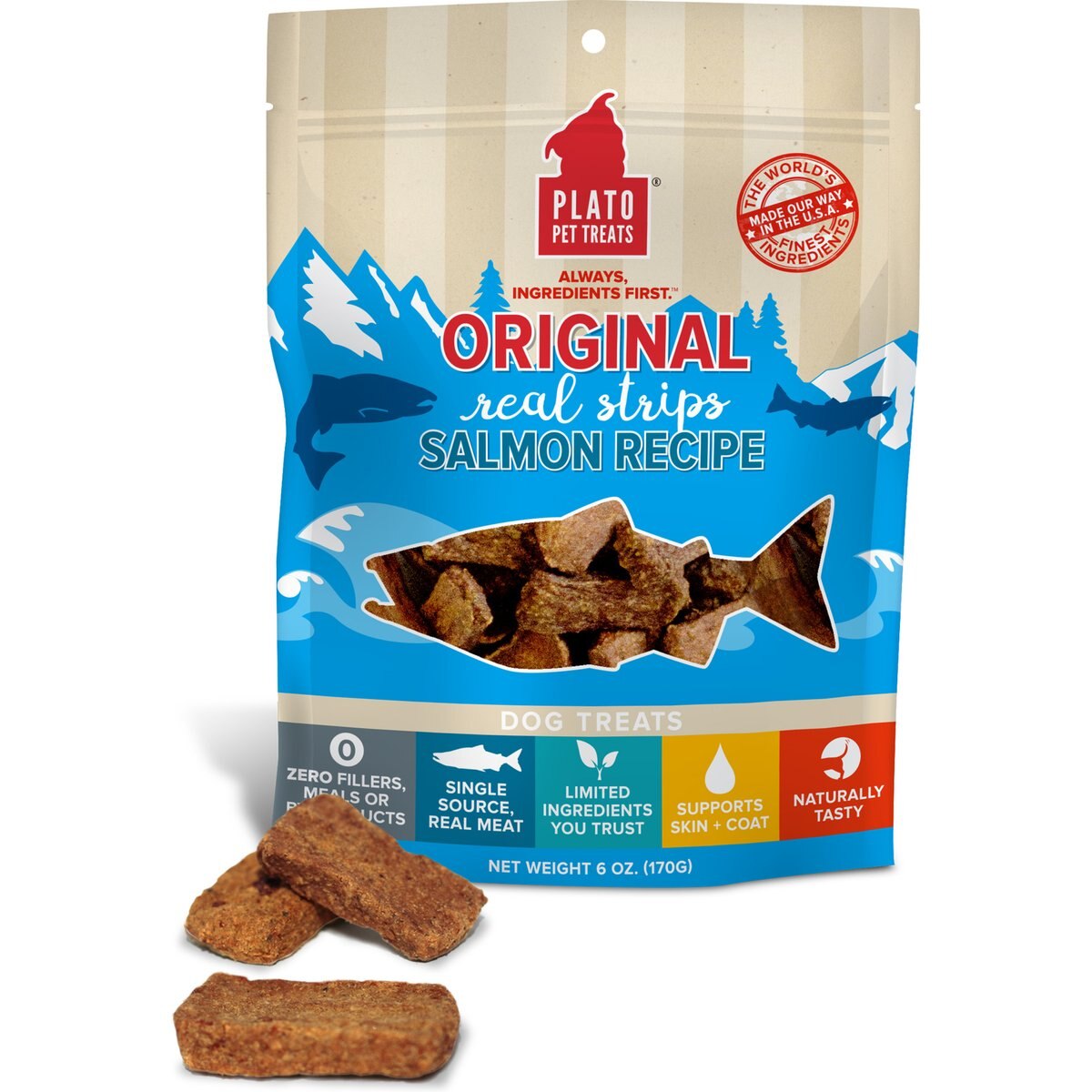 Plato Original Real Strips Salmon Recipe Dog Treats, 6-oz bag