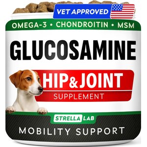 StrellaLab Glucosamine Chondroitin & Hip & Joint with Omegas 3 & Fish Oil Advanced Mobility Chew Supplement for Dogs, 120 count