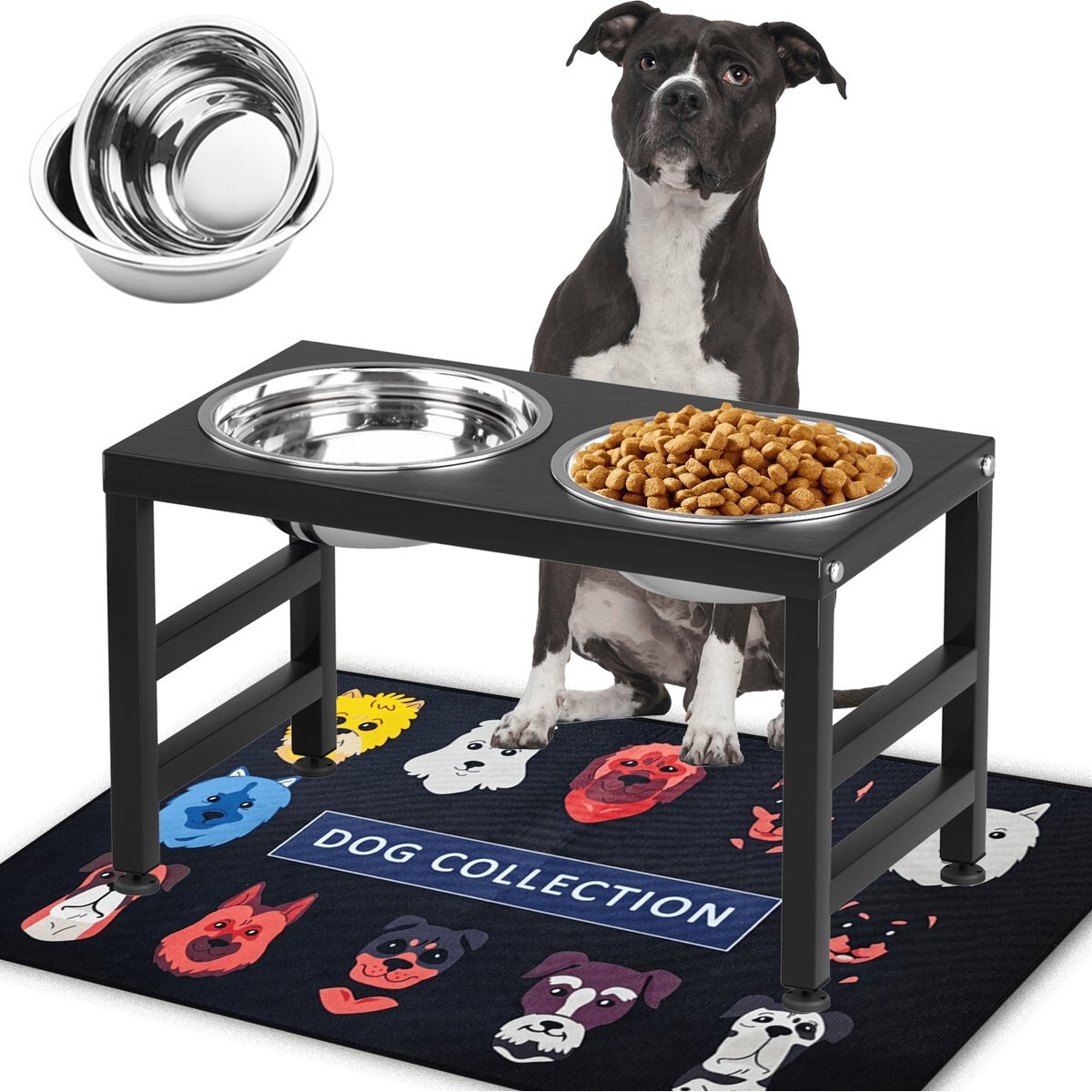 ADENGL Elevated Stainless Steel Dog Bowl Set with Non-Slip Mat, Black, Medium: 5-cup