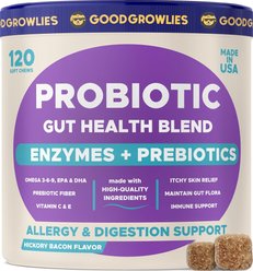 GoodGrowlies Probiotic Gut Health Blend Hickory Bacon Flavored Soft Chew Supplement for Dogs, 120 count slide 1 of 8
