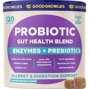 GoodGrowlies Probiotic Gut Health Blend Hickory Bacon Flavored Soft Chew Supplement for Dogs, 120 count