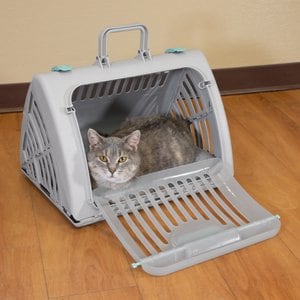 SportPet Designs Travel Master Collapsible Dog & Cat Carrier with Plush Bed, Grey & Blue, Large