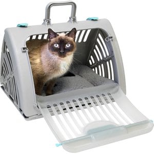 SportPet Designs Travel Master Collapsible Dog & Cat Carrier with Plush Bed, Grey & Blue, Large