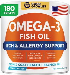 GoodGrowlies Omega 3 Itch & Allergy Relief Peanut Butter Flavor Skin & Coat Health Salmon Oil Chew Supplemen...