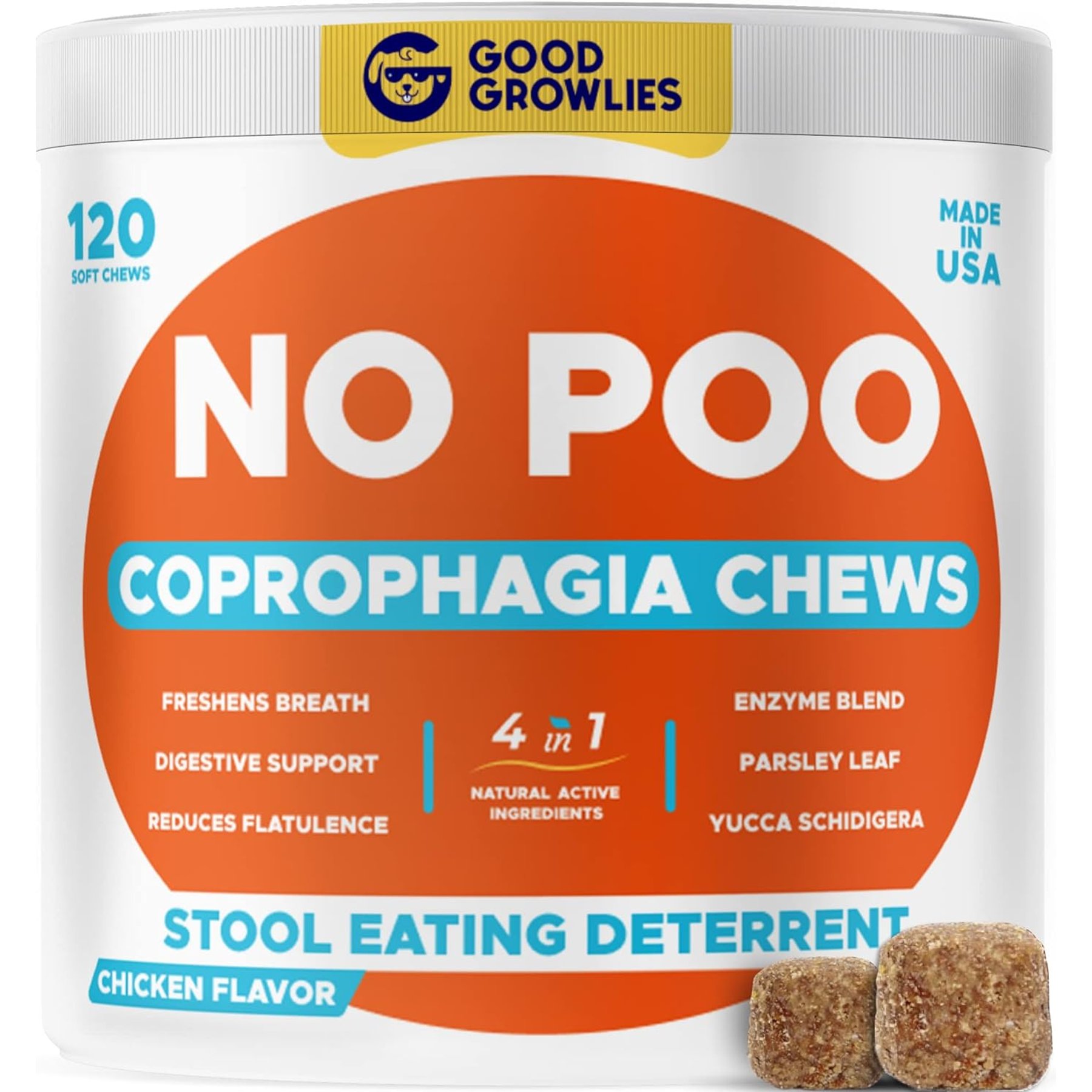 GoodGrowlies No Poo & Coprophagia Stool Eating Deterrent Probiotics & Digestive Enzymes Chews, 120 count