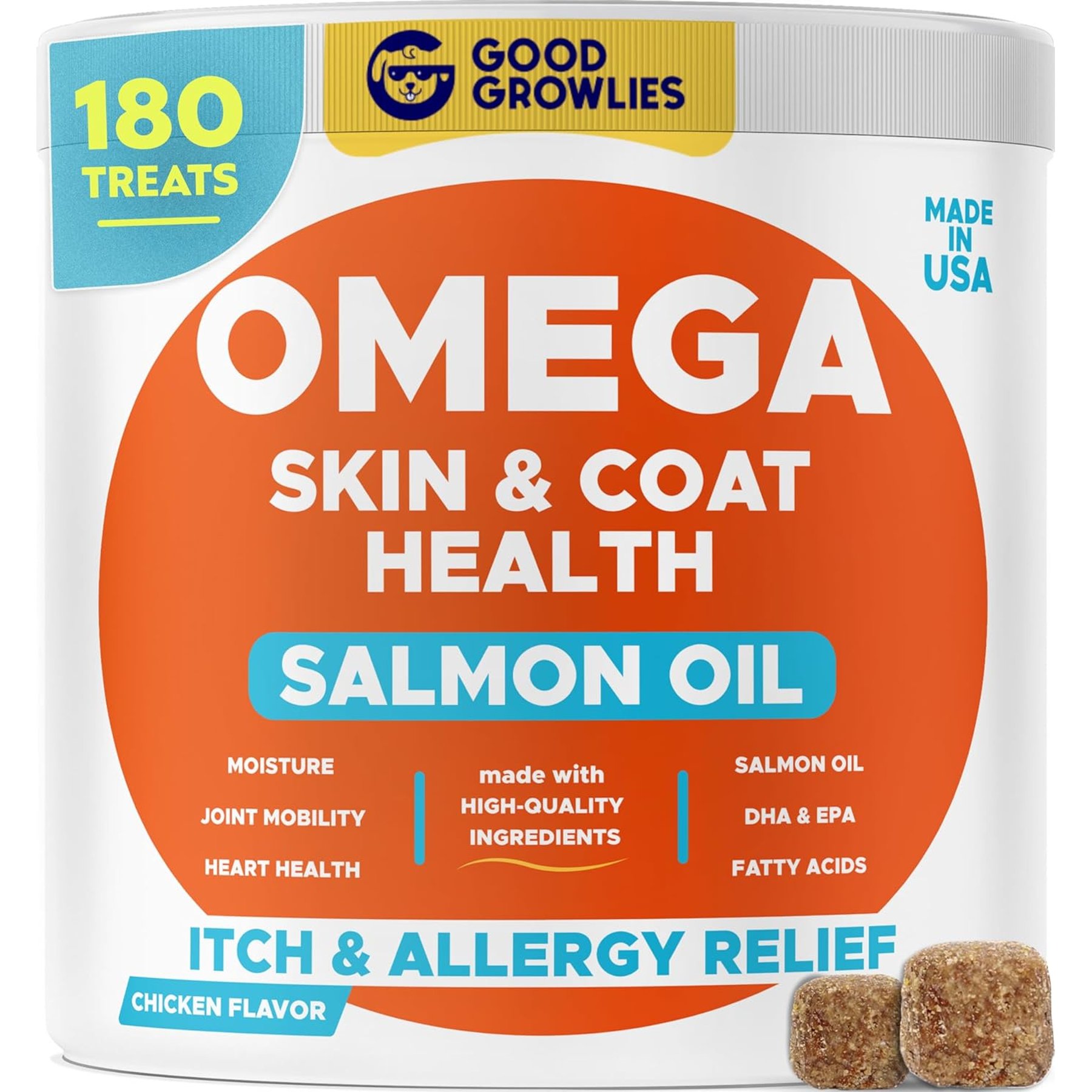 GoodGrowlies Omega 3 Itch & Allergy Relief Chicken Flavor Skin & Coat Health Salmon Oil Chew Supplement for Dogs, 180 count