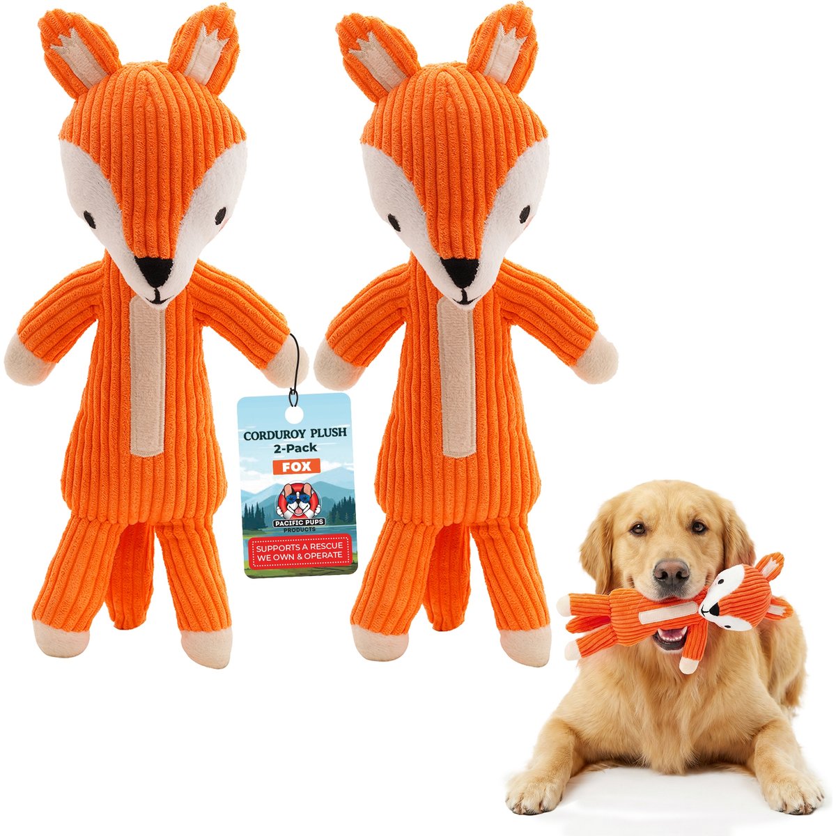 Pacific Pups Rescue Woodland Animals Fox Squeaky Plush Dog Toy, 2 count