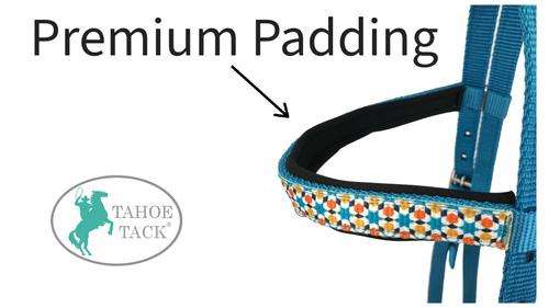 Show full view: Tahoe Tack Nylon Western Padded Browband Headstall with Overlay & Split Reins, Blue Chevron & Hurricane Blue, Cob Medium slide 3 of 4