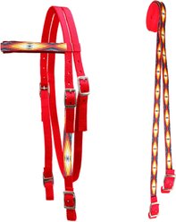 Tahoe Tack Nylon Western Padded Browband Headstall with Overlay & Split Reins, Red Aztec & Red, Cob Medium