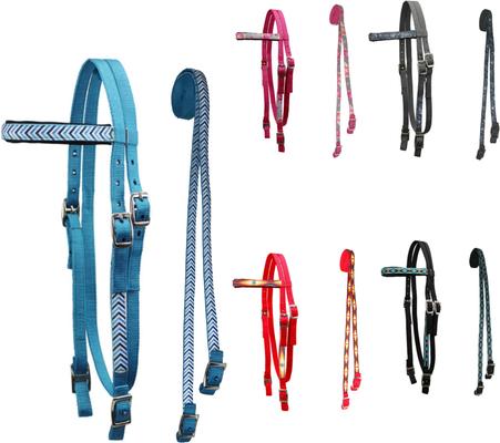 Show full view: Tahoe Tack Nylon Western Padded Browband Headstall with Overlay & Split Reins, Blue Chevron & Hurricane Blue, Cob Medium slide 2 of 4