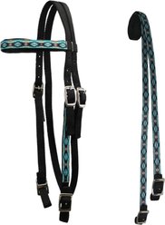 Tahoe Tack Nylon Western Padded Browband Headstall with Overlay & Split Reins, Blue Aztec & Black, Cob Medium