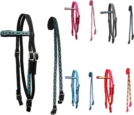Show full view: Tahoe Tack Nylon Western Padded Browband Headstall with Overlay & Split Reins, Blue Aztec & Black, Cob Medium slide 2 of 4