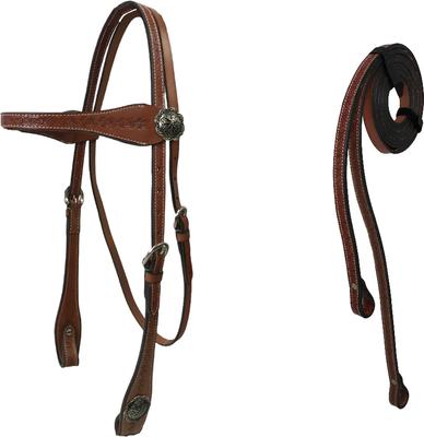 Show full view: Tahoe Tack Barbwire Leather Western Hand Tooled Browband Headstall with Reins, Mahogany, Cob Medium slide 2 of 4