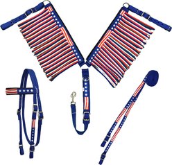 Tahoe Tack American Flag Patriotic Headstall Padded, Reins & Breast Collar with Fringes 3 Items Set, Red/White/Blue, Mini Horse
