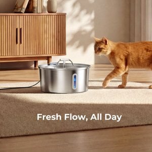 HINTON Indoor Ultra Quiet Automatic Water Dispenser Stainless Steel Dog & Cat Water Fountain with Water Level Window & Multi-Stage Filtration, Silver, 3.2-L