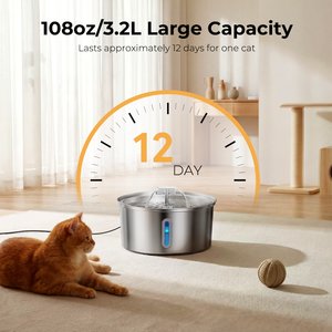 HINTON Indoor Ultra Quiet Automatic Water Dispenser Stainless Steel Dog & Cat Water Fountain with Water Level Window & Multi-Stage Filtration, Silver, 3.2-L